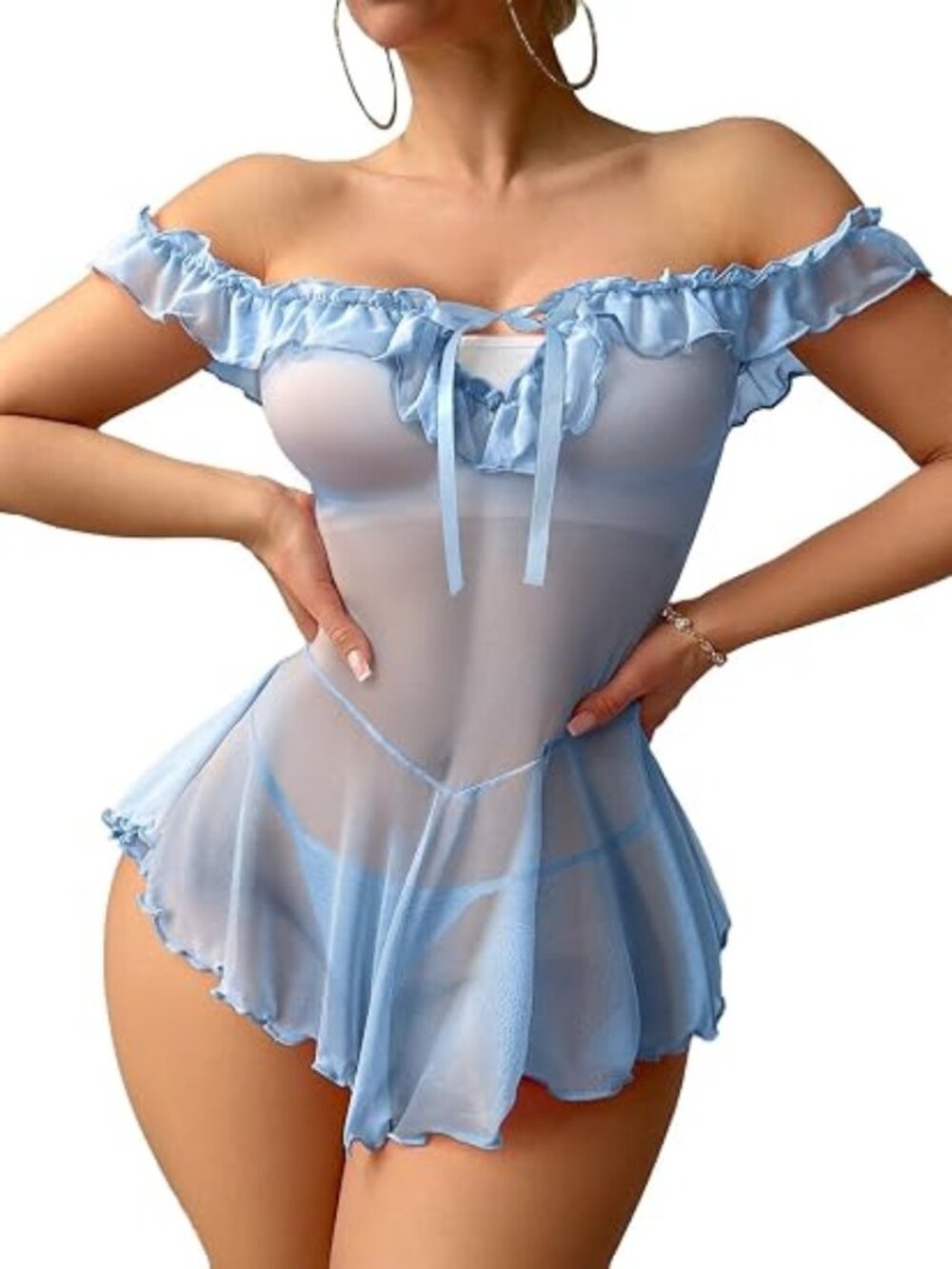 Blue Women's Lingerie Off Shoulder Babydoll Dress Ruffle Top
